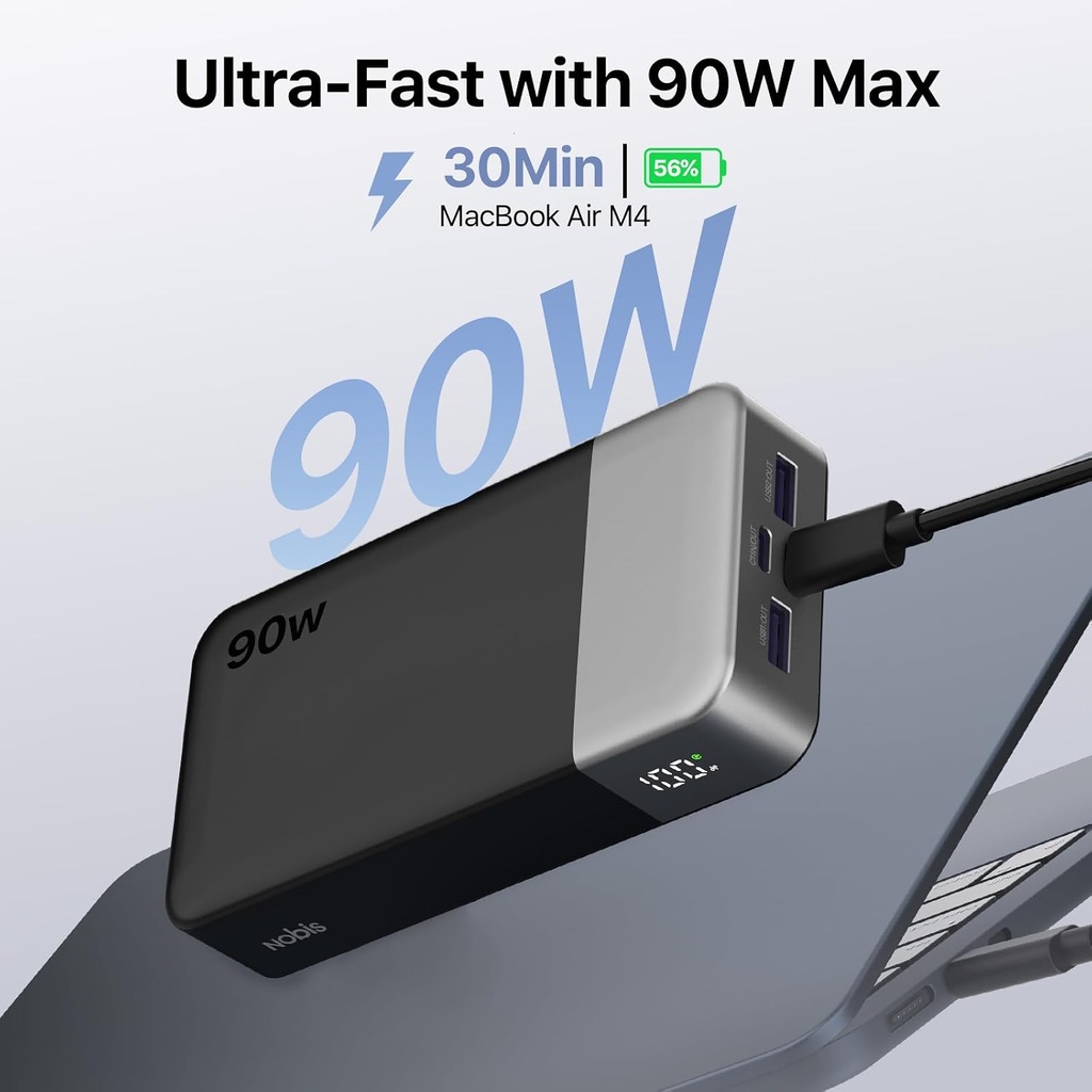 NOBIS Portable Charger 20000mAh 90W Laptop Power Bank | 2C+2A USB-C Fast Charging Battery Pack with LED Display for Laptops, Tablets, Steam Deck & Phones